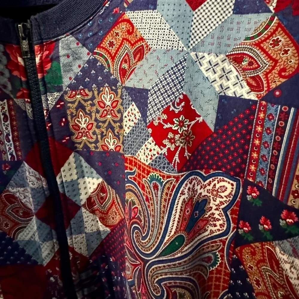 VTG 90’s Blue Multi Pattern Quilted Bomber Zip Up Sweater Jacket Grannycore - Picture 7 of 10